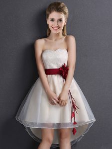 Super A-line Court Dresses for Sweet 16 Champagne Sweetheart Organza Sleeveless High Low Lace Up