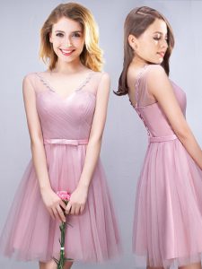 Deluxe Sleeveless Mini Length Ruching and Bowknot Lace Up Damas Dress with Pink