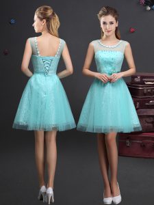 Hot Sale Scoop Sleeveless Lace Up Mini Length Beading and Lace and Appliques and Belt Damas Dress