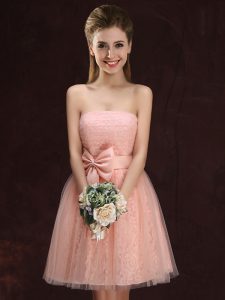 Customized Mini Length Peach Quinceanera Court of Honor Dress Tulle and Lace Sleeveless Lace and Bowknot