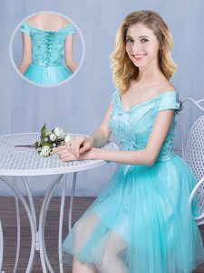 Perfect Aqua Blue Tulle Lace Up Off The Shoulder Cap Sleeves Knee Length Quinceanera Court Dresses Lace and Appliques and Bowknot