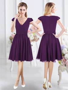Glittering Purple A-line V-neck Cap Sleeves Chiffon Knee Length Zipper Ruching Quinceanera Dama Dress