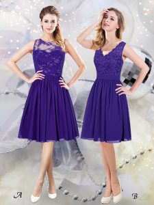 Designer Scoop See Through Purple Empire Scalloped Sleeveless Chiffon Knee Length Zipper Lace and Appliques Vestidos de Damas