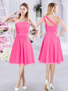 One Shoulder Knee Length A-line Sleeveless Hot Pink Quinceanera Court of Honor Dress Zipper
