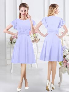 Exceptional Scoop Ruching Court Dresses for Sweet 16 Lavender Side Zipper Short Sleeves Knee Length