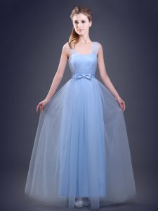 Delicate Straps Light Blue Sleeveless Ruching and Bowknot Floor Length Dama Dress