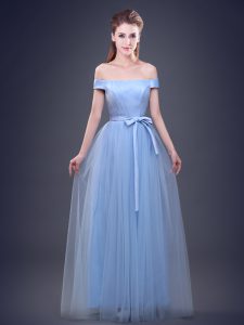 Off the Shoulder Light Blue Empire Ruching and Bowknot Quinceanera Court Dresses Lace Up Tulle Sleeveless Floor Length