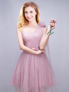 Simple One Shoulder Sleeveless Damas Dress Mini Length Ruching and Bowknot and Hand Made Flower Pink Tulle