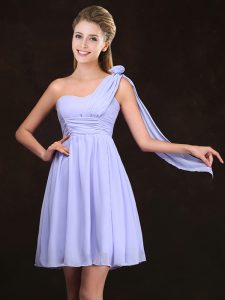 Lavender Empire Chiffon One Shoulder Sleeveless Ruching and Hand Made Flower Mini Length Zipper Dama Dress for Quinceanera
