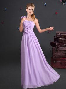 Gorgeous One Shoulder Floor Length Lavender Quinceanera Court of Honor Dress Chiffon Sleeveless Ruching and Hand Made Flower