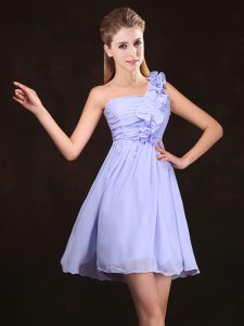One Shoulder Lavender Chiffon Zipper Court Dresses for Sweet 16 Sleeveless Mini Length Ruffles and Ruching