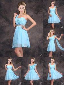 Modern Baby Blue Neckline Ruffles and Sequins and Ruching and Bowknot and Hand Made Flower Dama Dress for Quinceanera Sleeveless Zipper