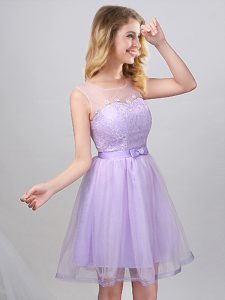 Custom Made Scoop Lace and Appliques and Belt Vestidos de Damas Lavender Lace Up Sleeveless Mini Length