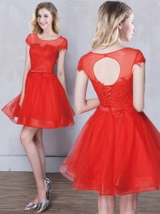 Scoop Red A-line Appliques and Belt Quinceanera Dama Dress Lace Up Tulle Short Sleeves Mini Length