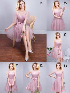 Exceptional Scoop Mini Length Pink Dama Dress Tulle Sleeveless Ruffles and Ruching and Bowknot and Hand Made Flower