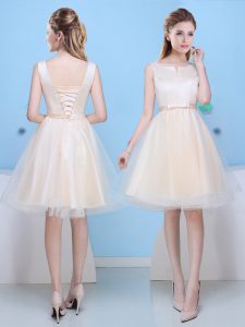 Tulle Scoop Sleeveless Lace Up Bowknot Quinceanera Court of Honor Dress in Champagne