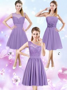 Extravagant Scoop Lavender Sleeveless Knee Length Lace and Ruching and Hand Made Flower Zipper Quinceanera Court of Honor Dress