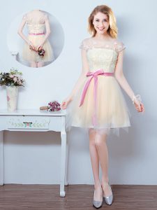 Fashionable Scoop Champagne Lace Up Court Dresses for Sweet 16 Lace and Appliques and Ruffles and Bowknot Short Sleeves Mini Length