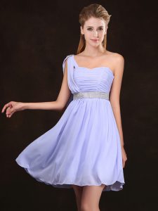 Super One Shoulder Chiffon Sleeveless Mini Length Dama Dress for Quinceanera and Sequins and Ruching