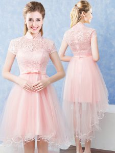 Baby Pink High-neck Zipper Lace and Belt Court Dresses for Sweet 16 Short Sleeves