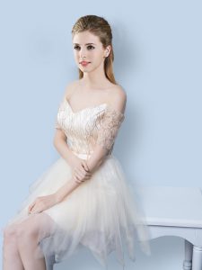 Sumptuous Champagne Lace Up Off The Shoulder Sequins and Bowknot Quinceanera Dama Dress Tulle Short Sleeves