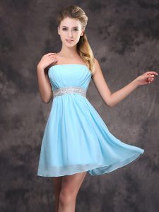 Inexpensive Chiffon Strapless Sleeveless Zipper Sequins and Ruching Quinceanera Dama Dress in Baby Blue