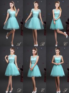 Aqua Blue Dama Dress Prom and Party and Wedding Party with Beading and Lace and Appliques and Belt High-neck Sleeveless Lace Up