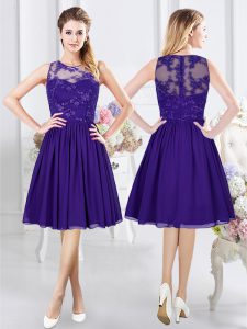 Glittering Scoop Purple Chiffon Zipper Court Dresses for Sweet 16 Sleeveless Knee Length Lace