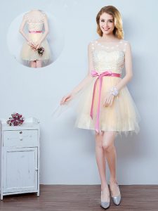 Champagne Lace Up Scoop Lace and Appliques and Ruffles and Bowknot Vestidos de Damas Tulle Sleeveless