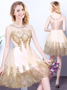 Scoop Sleeveless Dama Dress for Quinceanera Mini Length Beading Champagne Tulle