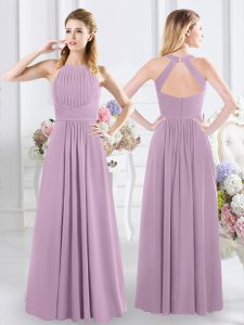Glittering Lavender Zipper Halter Top Ruching Court Dresses for Sweet 16 Chiffon Sleeveless