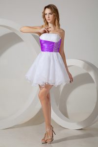 Great White And Purple Zipper Dama Dress Beading Sleeveless Mini Length