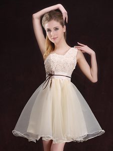 One Shoulder Appliques and Belt Court Dresses for Sweet 16 Champagne Lace Up Sleeveless Mini Length