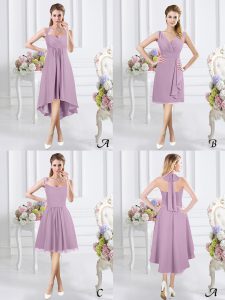 Wonderful Halter Top Sleeveless High Low Ruching Zipper Quinceanera Court Dresses with Lavender