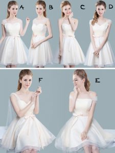 Straps Cap Sleeves Tulle Knee Length Zipper Dama Dress for Quinceanera in Champagne with Ruching and Bowknot