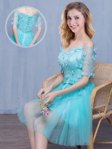 Glorious Off the Shoulder Knee Length Aqua Blue Quinceanera Dama Dress Tulle Short Sleeves Lace and Appliques and Bowknot