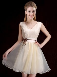 Lace and Appliques and Belt Quinceanera Court of Honor Dress Champagne Lace Up Sleeveless Mini Length