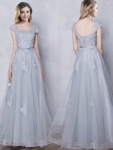 Grey Quinceanera Dama Dress Prom and Party and Wedding Party with Lace and Appliques and Belt Scoop Cap Sleeves Lace Up