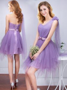 One Shoulder Ruffles and Ruching and Belt and Hand Made Flower Quinceanera Dama Dress Lavender Lace Up Sleeveless Mini Length