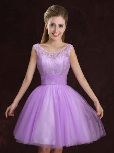 Fantastic Scoop Mini Length Lace Up Dama Dress for Quinceanera Lilac for Prom and Party and Wedding Party with Lace and Ruching