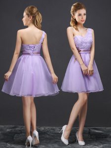Trendy Lavender A-line Organza One Shoulder Sleeveless Lace Mini Length Lace Up Vestidos de Damas