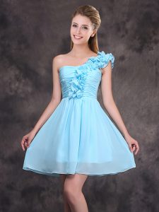 Modest One Shoulder Sleeveless Mini Length Ruffles and Ruching Zipper Quinceanera Dama Dress with Baby Blue
