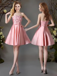 Pink A-line Satin Strapless Sleeveless Appliques and Bowknot Mini Length Lace Up Dama Dress for Quinceanera