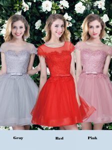 Custom Design Red and Pink and Grey Vestidos de Damas Prom and Party and Wedding Party with Appliques and Belt Scoop Short Sleeves Lace Up