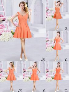 Dazzling Sleeveless Chiffon Mini Length Zipper Quinceanera Court of Honor Dress in Orange with Lace and Ruching and Belt