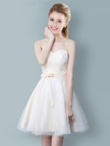 Fancy Sleeveless Knee Length Ruching and Bowknot Zipper Dama Dress for Quinceanera with Champagne