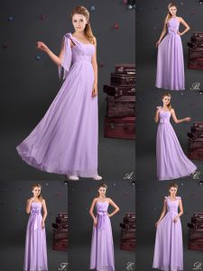 Glorious One Shoulder Lavender Sleeveless Floor Length Ruching and Bowknot and Hand Made Flower Zipper Quinceanera Dama Dress