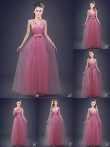 Wonderful Floor Length Lace Up Dama Dress for Quinceanera Pink for Prom and Party and Wedding Party with Beading and Appliques and Ruching and Bowknot and Hand Made Flower