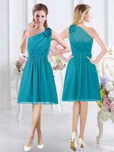 Flare Teal Vestidos de Damas Prom and Party and Wedding Party with Ruffles and Ruching One Shoulder Sleeveless Side Zipper