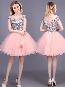 Dynamic Mini Length Pink Dama Dress for Quinceanera Tulle Short Sleeves Sequins